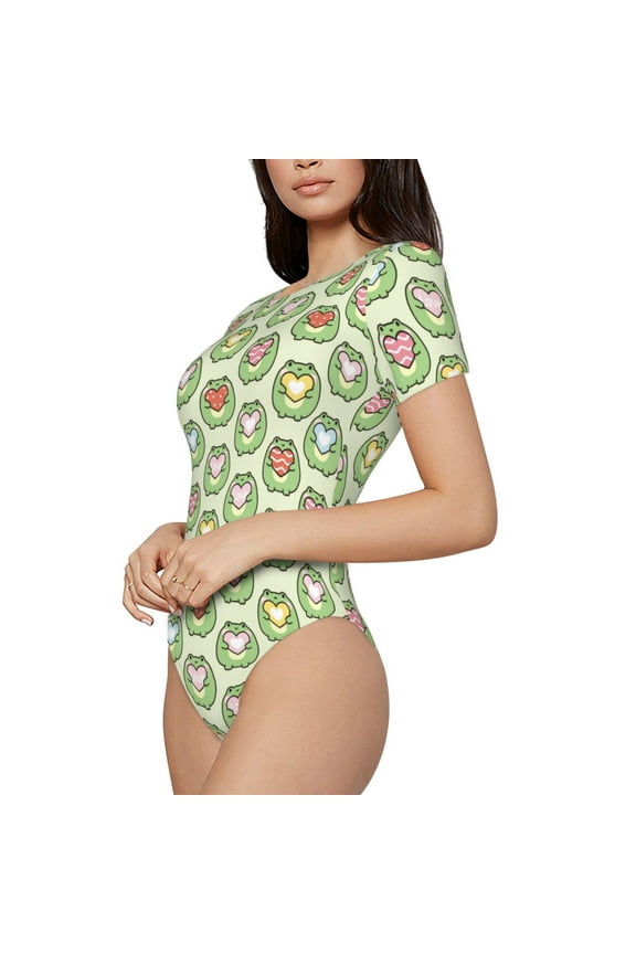 Cute Chubby Frog Printed Women Rash Guard Short Sleeve,Tummy control Swimsuit Surfing Swimsuit Bathing Suit Short-sleeved Onesie UPF 50+