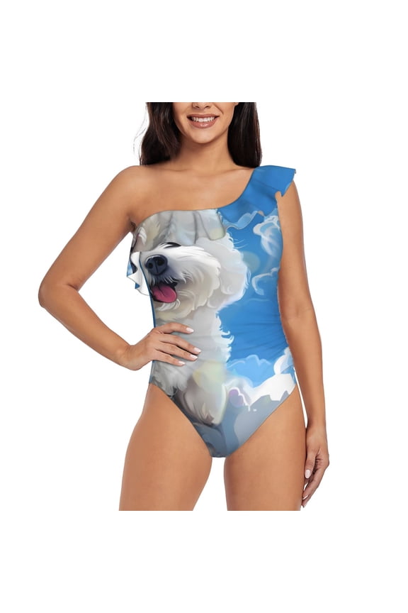Cute Cloud Bichon Frise Pattern Women One Piece Swimsuits Tummy Control One Shoulder Bathing Suits Ruffle Swimwear-