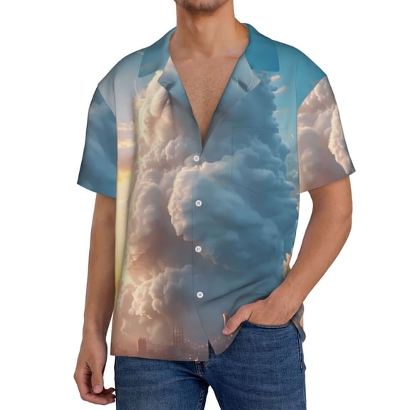 Rateoe Cute Cloud Cat Pattern Men's Short Sleeve Classic Shirt, Casual Short-Sleeved Shirt, Lightweight Summer Shirt, Cuban Collar Shirt,Button-Front Shirt-4X-Large