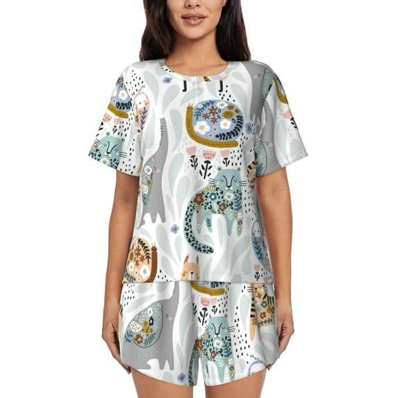 Rateoe Cute Colorful Animal Pattern Women's Short-Sleeved Pajama Set - 2 Piece Soft and Lightweight Sleepwear Set-Large