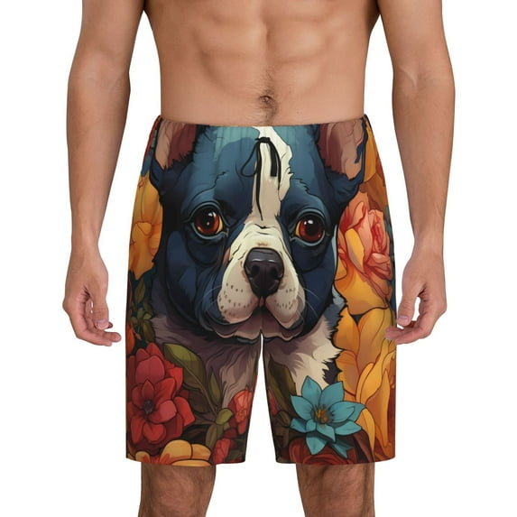 Rateoe Cute Colorful Flower French Bulldog Print Men's Lounge Shorts – Soft & Breathable Pajama Bottoms with Pockets, Elastic Waistband, Lightweight Sleepwear for Nightwear & Loungewear-X-Large