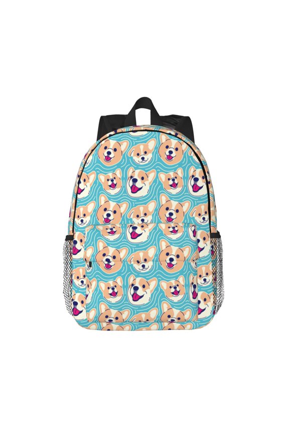 Cute Corgi Head Pattern Student Backpack Water-resistant Backpack 15-inch Laptop Backpack Lightweight Adjustable School Backpack