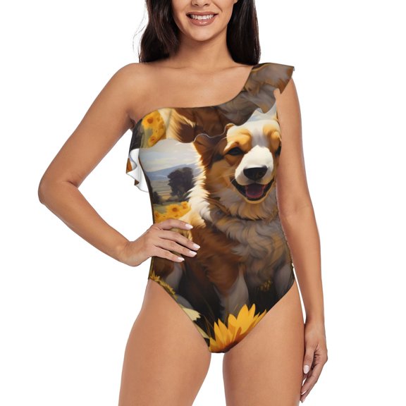 Rateoe Cute Corgi Sunflower Pattern Women One Piece Swimsuits Tummy Control One Shoulder Bathing Suits Ruffle Swimwear-Large