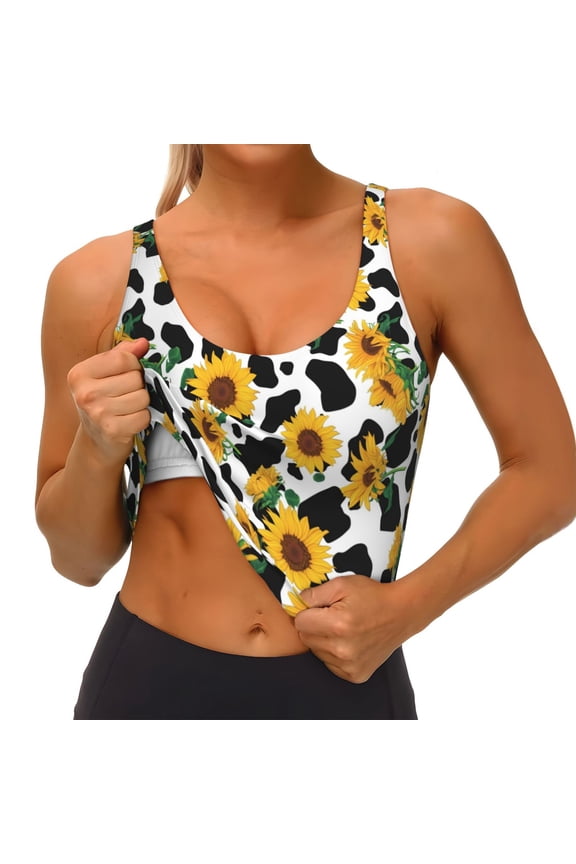 Cute Cow Print Sunflower A Print Womens' Sports Bras Scoop Neck Sports Vest- Padded U Back Seamless High Impact Support