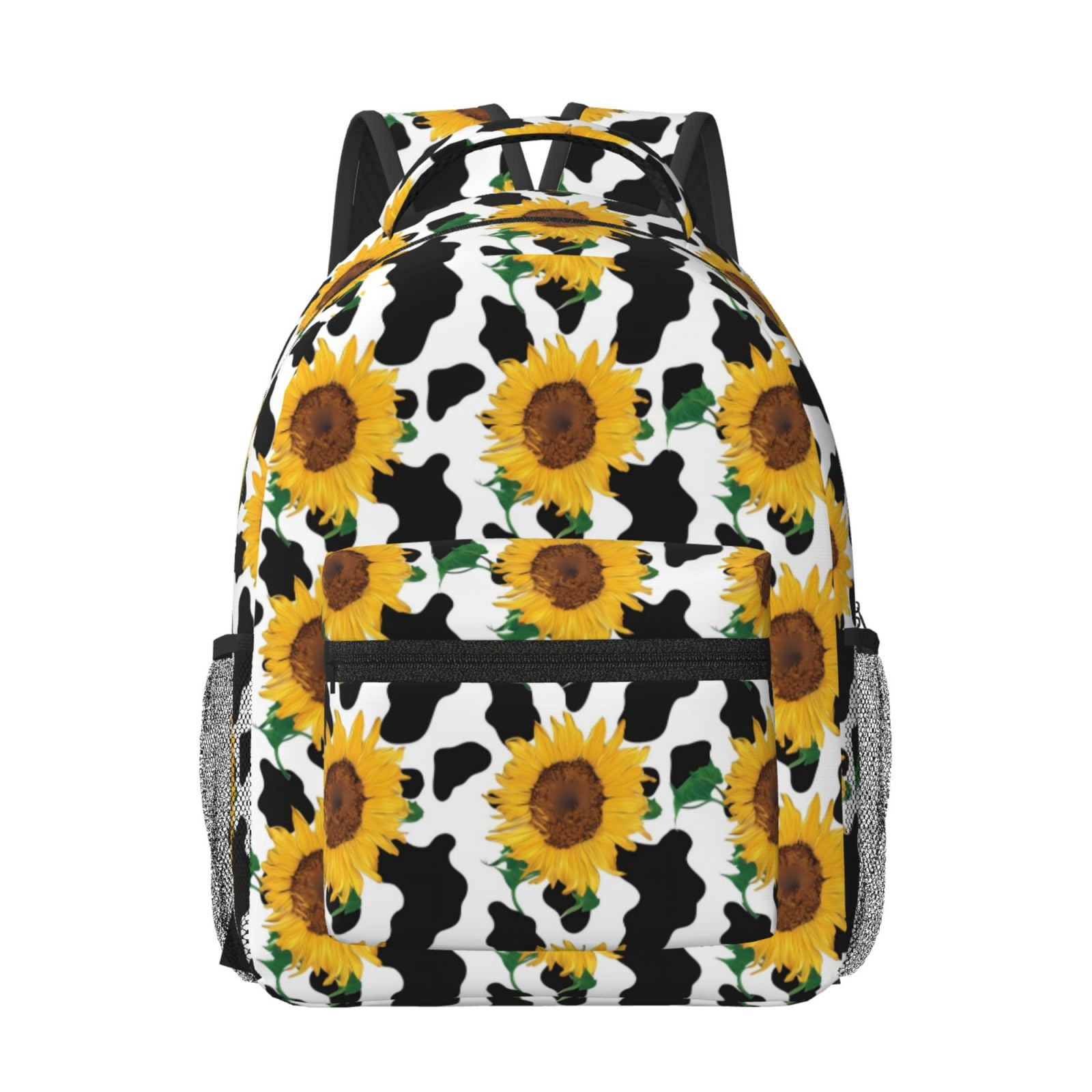 Rateoe Cute Cow Print Sunflower B Pattern Durable Student Backpack Laptop Bag- Ergonomic Design, Waterproof Twill Fabric - Ideal for School, Travel, and Outdoor Activities