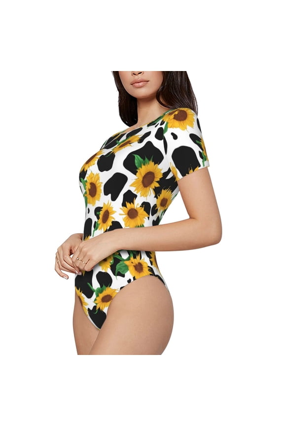 Cute Cow Print Sunflower C Printed Women Rash Guard Short Sleeve,Tummy control Swimsuit Surfing Swimsuit Bathing Suit Short-sleeved Onesie UPF 50+