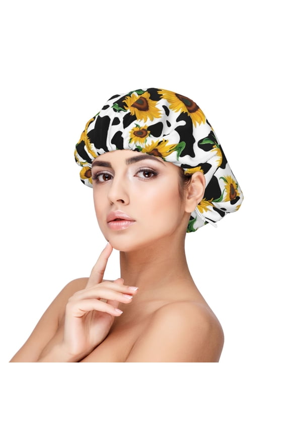 Cute Cow Print Sunflower D Pattern Silk Satin Hair Bonnet for Sleeping, Adjustable Sleep Cap Turban for Women , Curly Straight Hair Long Large Braid