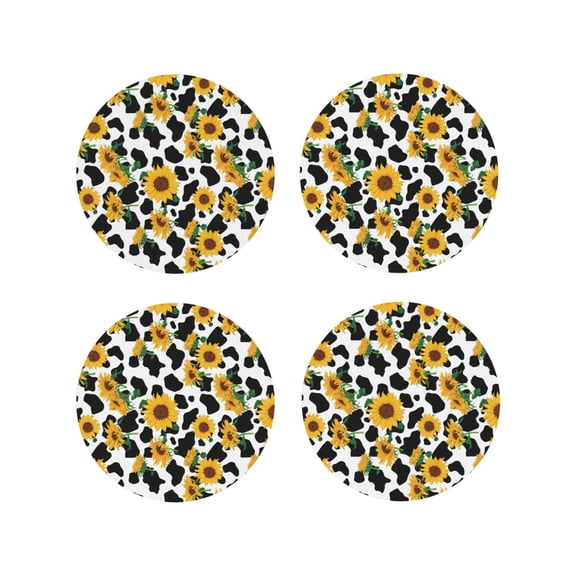 Rateoe Cute Cow Print Sunflower A Drawing Drink Coasters Set of 4 Leather Coasters Spill Protection for Table Desk,Durable and Non Slip Leather Coaster ,4 Inches Drink Mats-Round Shape