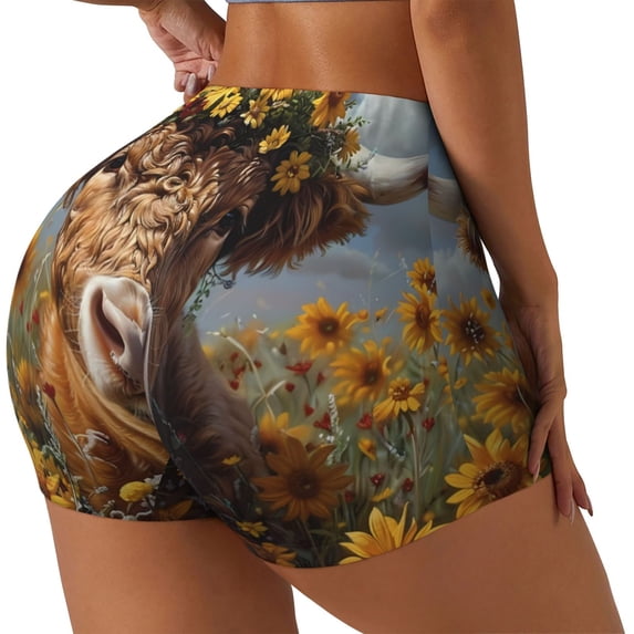Rateoe Cute Cow Sunflower Crown A Printed Power Workout Shorts for Women Tummy Control Squat Proof Ribbed Thick Seamless Scrunch Active Short-Medium