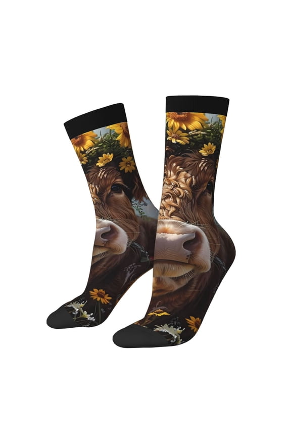 Cute Cow Sunflower Crown A for Women Casual Calf Socks - Cute Crew Socks - Thin Soft Above Ankle Socks Size 5-11