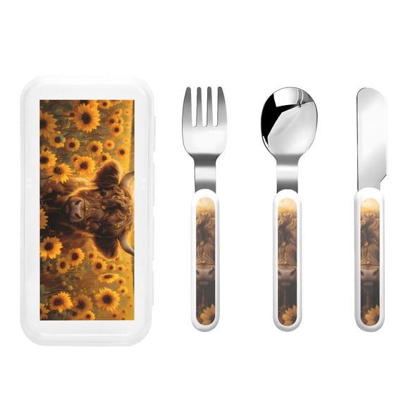 Rateoe Cute Cow Sunflower Field for Stainless Steel Kids Silverware Set - Child and Toddler Safe Flatware - Children's Knife, Fork And Spoon Set