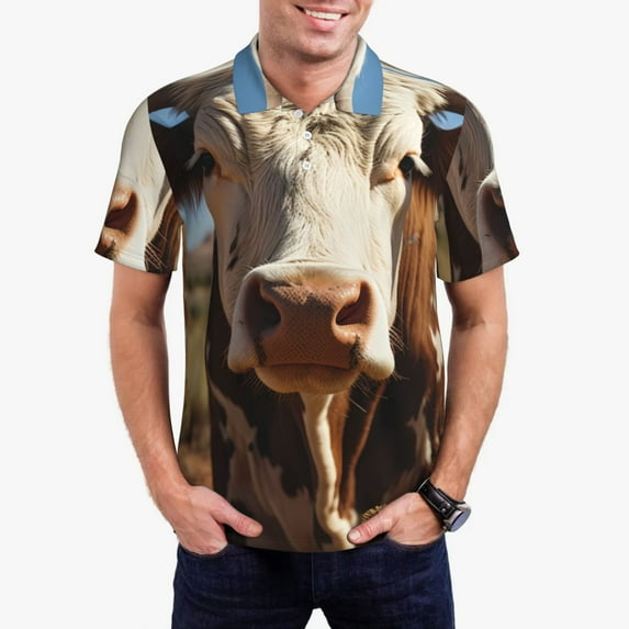 Rateoe Cute Daisy Cow Pattern Men's Short Sleeve Polo Shirts, Golf Polo Shirts Short Sleeve Performance Moisture Wicking Dry-Large