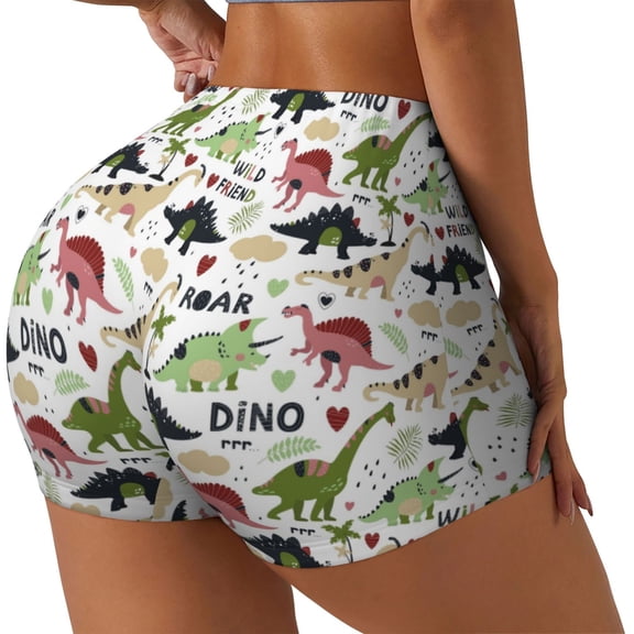 Rateoe Cute Dinosaurs Printed Power Workout Shorts for Women Tummy Control Squat Proof Ribbed Thick Seamless Scrunch Active Short-Large
