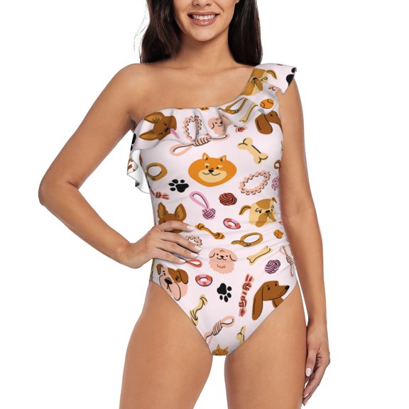 Rateoe Cute Dog Pattern Women One Piece Swimsuits Tummy Control One Shoulder Bathing Suits Ruffle Swimwear-Medium