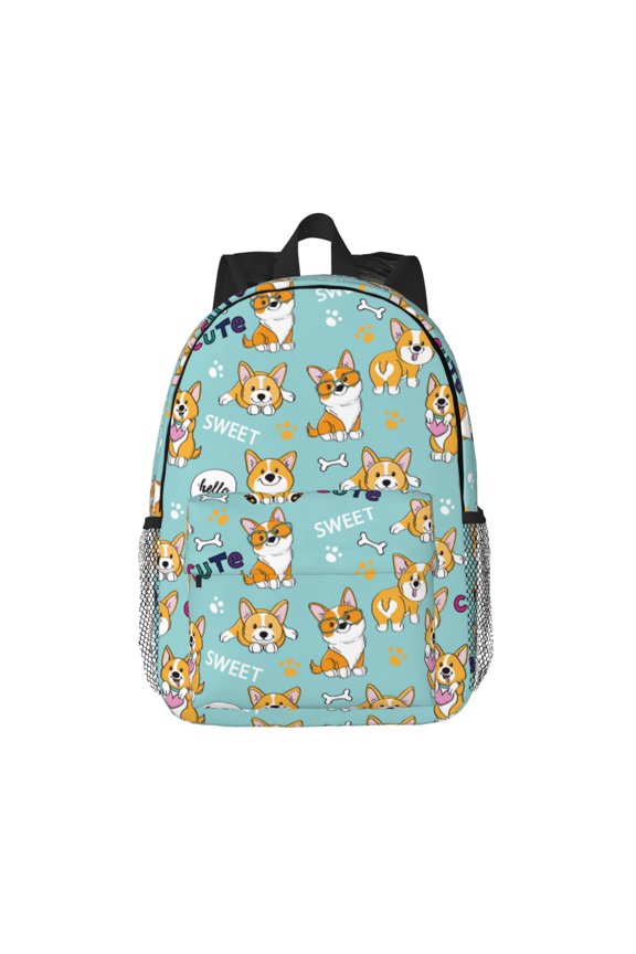 Cute Dogs Corgi Pattern Student Backpack Water-resistant Backpack 15-inch Laptop Backpack Lightweight Adjustable School Backpack
