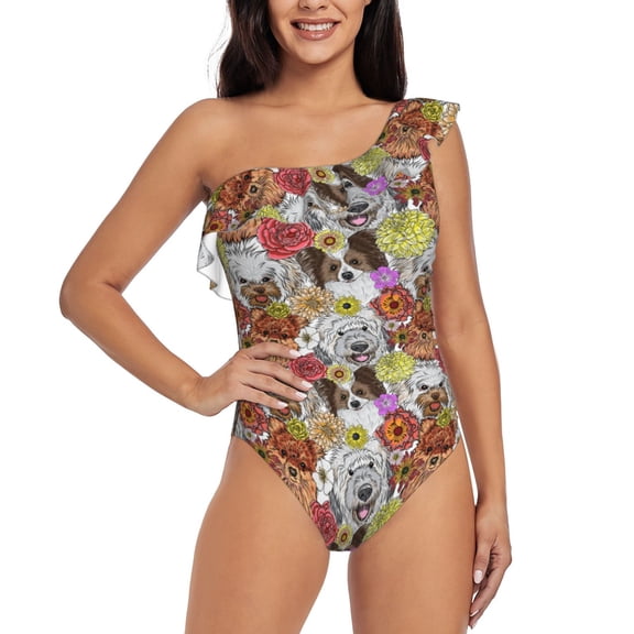 Rateoe Cute Dogs Puppy Pattern Women One Piece Swimsuits Tummy Control One Shoulder Bathing Suits Ruffle Swimwear-