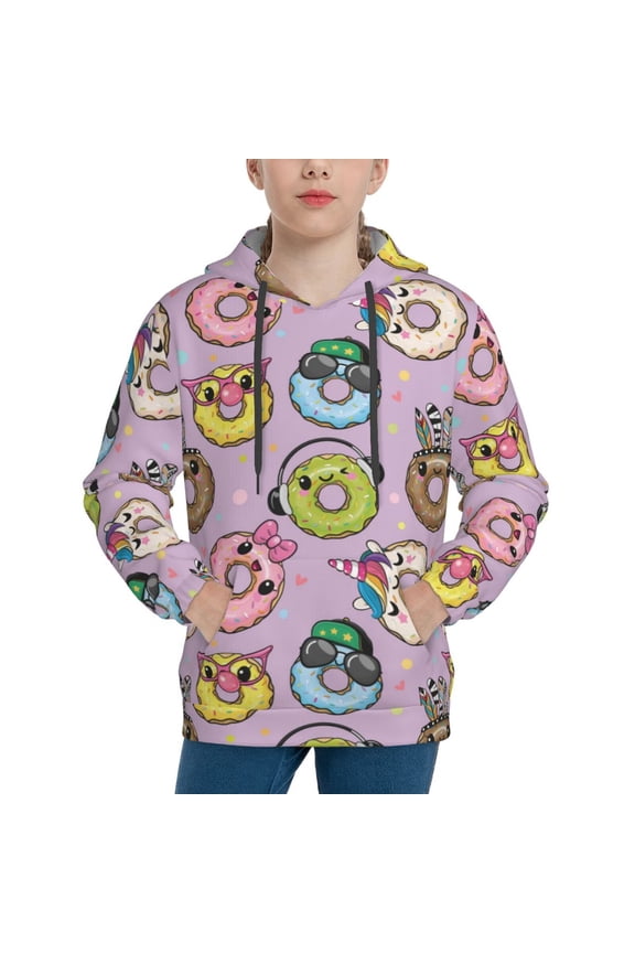 Cute Donuts Pattern Boys Hoodie, Youth Pullover Hooded Sweatshirt, Kangaroo Pocket Hoodie for Kids-Small