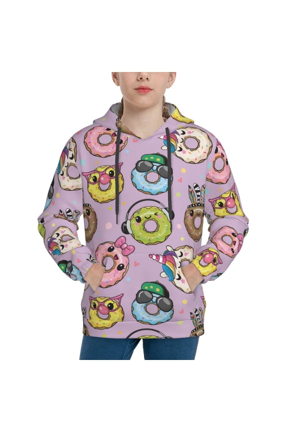 Cute Donuts Pattern Boys Hoodie, Youth Pullover Hooded Sweatshirt, Kangaroo Pocket Hoodie for Kids-X-Large