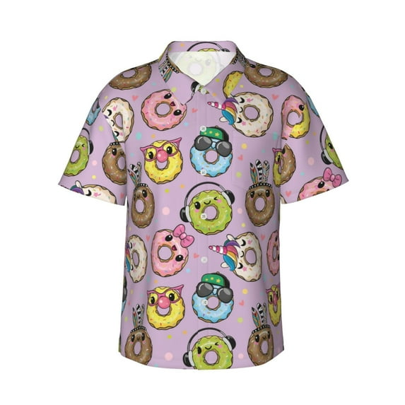 Rateoe Cute Donuts Pattern Men’s Hawaiian Shirt – Short Sleeve Button-Down Tropical Beach Shirt, Lightweight & Breathable Casual Aloha Shirt with Pocket,Medium