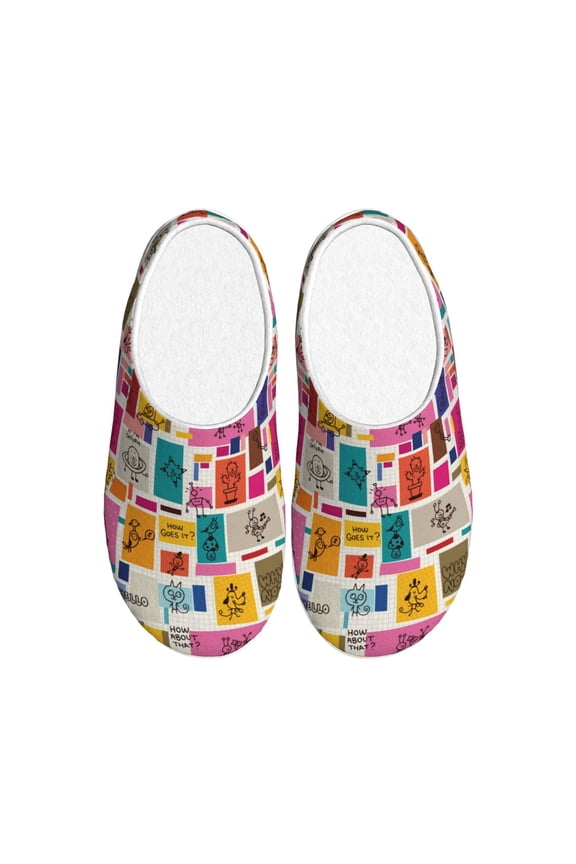 Cute Doodles Print Women's Men's Cotton Knit Slippers Lightweight Memory Foam Indoor House Shoes with Anti-Skid Sole-44/45