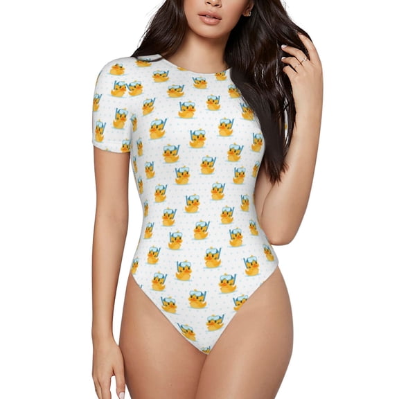 Rateoe Cute Duck Diver Printed Women Rash Guard Short Sleeve,Tummy control Swimsuit Surfing Swimsuit Bathing Suit Short-sleeved Onesie UPF 50+ -Small