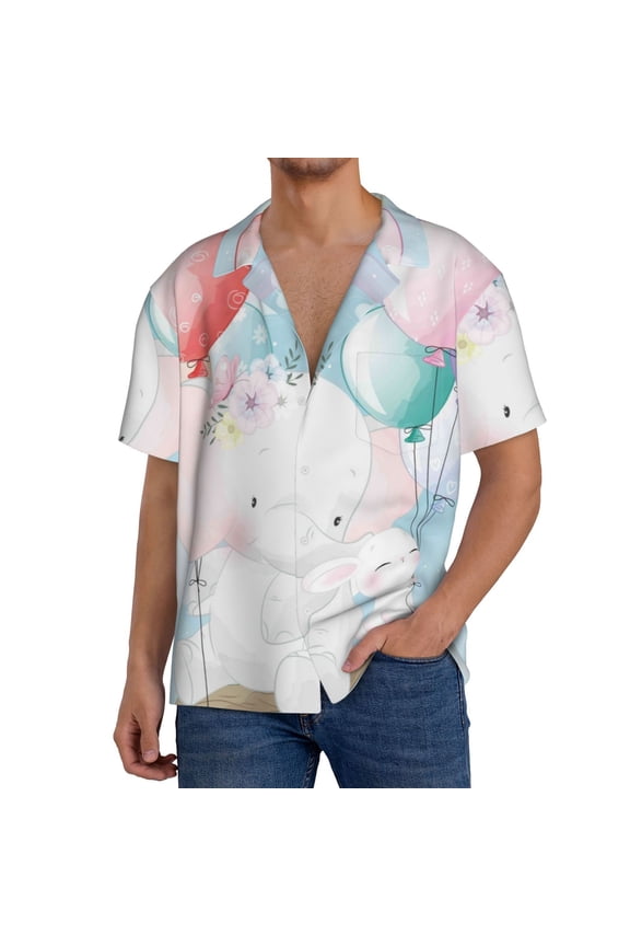 Cute Elephant Print Mens Front Pocket Hawaiian Shirts Casual Shirts Short Sleeve Button Down Beach Tropical Shirts-Large