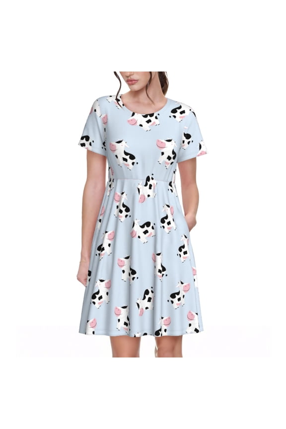 Cute Farm Cow Pattern Women’s Short Sleeve Dress – Casual Elegant Summer A-Line Dress for Everyday Wear