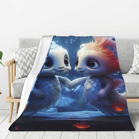 Rateoe Cute Fish Flower Couple Pattern Flannel Throw Blanket, Ultra-soft Blanket for Bed, Couch, Car, Hypoallergenic Anti-pilling blanket-50"x40"(Vertical)