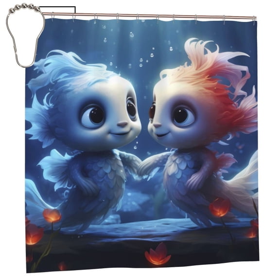 Rateoe Cute Fish Flower Couple Shower Curtain - Fancy Bathroom Shower Curtain Sets - Waterproof Shower Curtain with Hooks with 12 Plastic Hooks 72x72 Inches