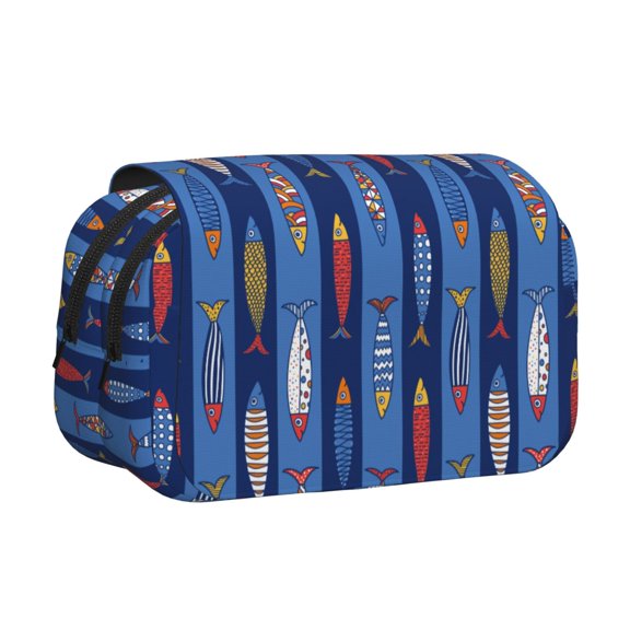 Rateoe Cute Fish Pattern Double Clamshell Pen Case, Storage Organizer with Two Zipper Compartments Holds Up to 50 Pencils & Pens