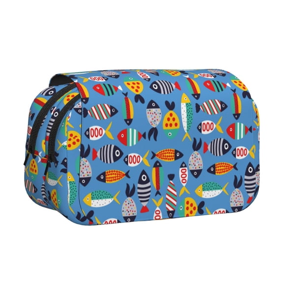 Rateoe Cute Flat Fish Pattern Double Clamshell Pen Case, Storage Organizer with Two Zipper Compartments Holds Up to 50 Pencils & Pens