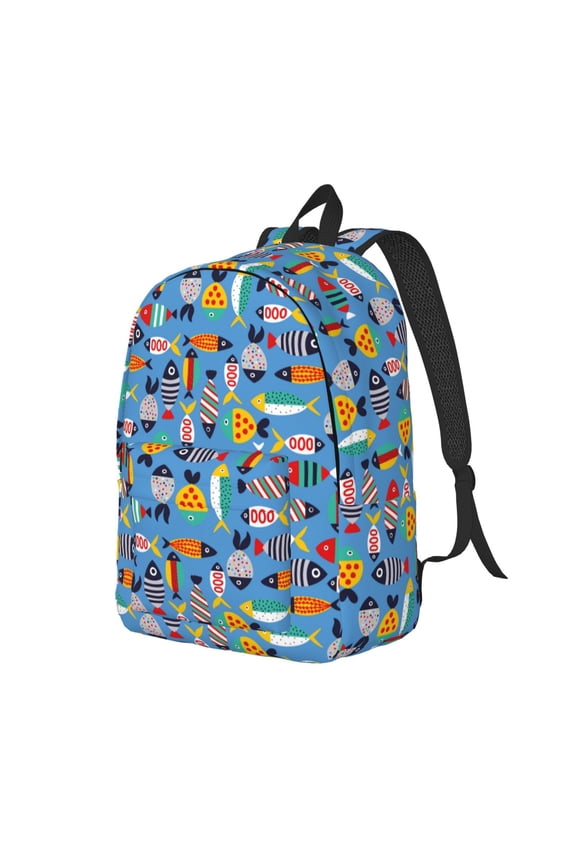 Cute Flat Fish Pattern Durable Canvas Backpack for Men & Women – Stylish & Lightweight – Adjustable Straps, Multiple Pockets – Fits 15-17 Inch LaptopsSmall