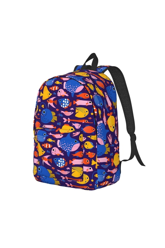 Cute Flat Hand Drawn Fishes Pattern Durable Canvas Backpack for Men & Women – Stylish & Lightweight – Adjustable Straps, Multiple Pockets – Fits 15-17 Inch LaptopsSmall