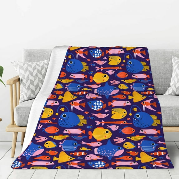 Rateoe Cute Flat Hand Drawn Fishes Pattern Flannel Throw Blanket, Ultra-soft Blanket for Bed, Couch, Car, Hypoallergenic Anti-pilling blanket-40"x30"(Vertical)