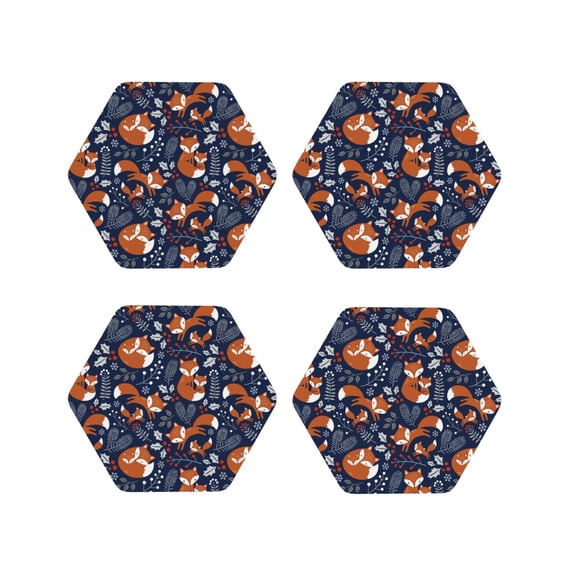 Rateoe Cute Foxes Drawing Drink Coasters Set of 4 Leather Coasters Spill Protection for Table Desk,Durable and Non Slip Leather Coaster ,4 Inches Drink Mats-Hexagon