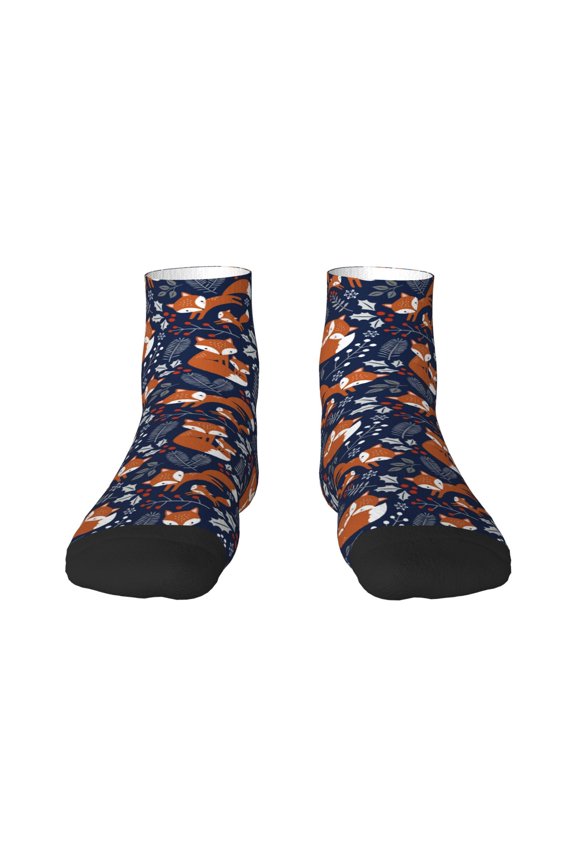 Cute Foxes Pattern Quarter Crew Socks,Toe Seamed Ankle Socks,Cotton Cushioned Breathable Athletic Crew Sports Socks