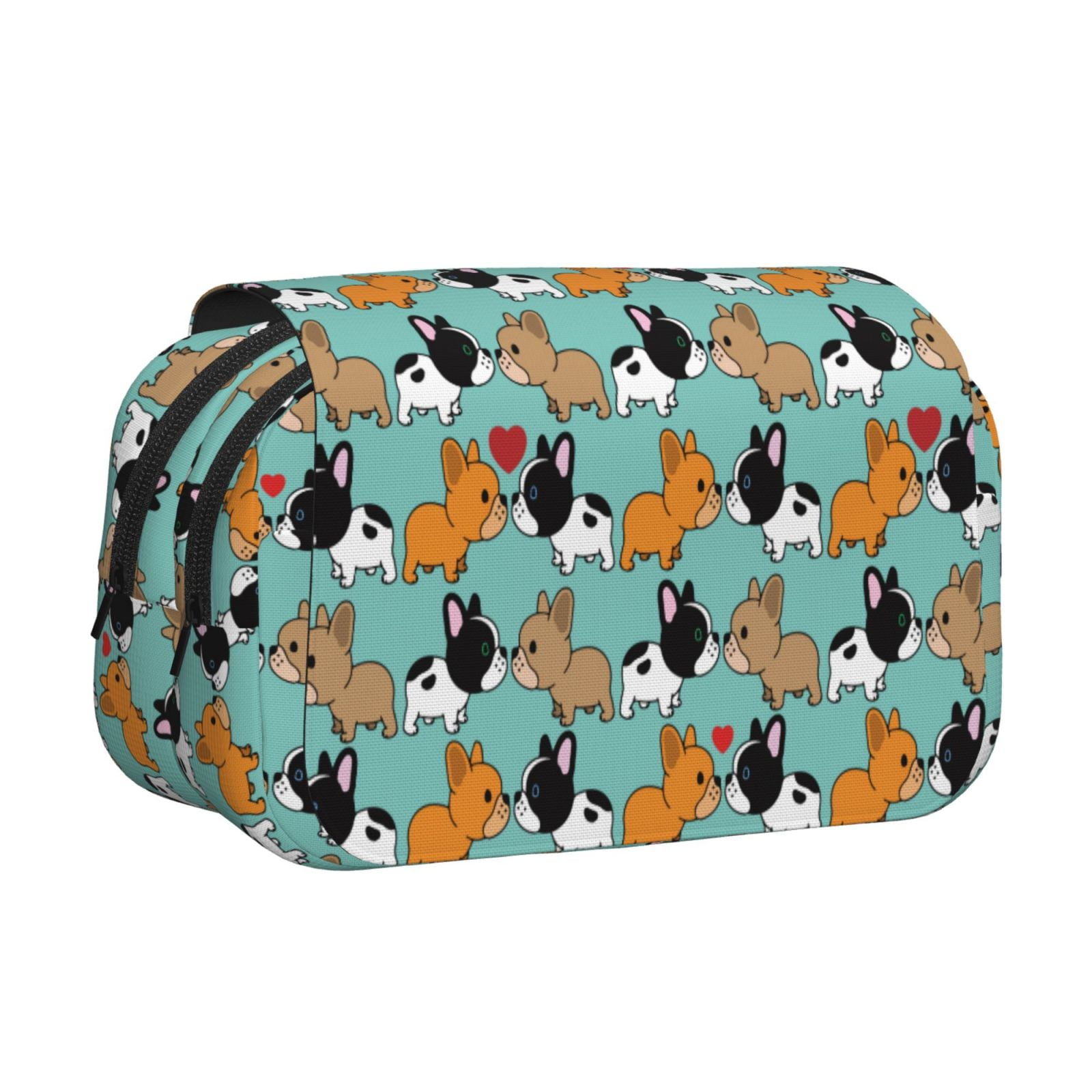 Rateoe Cute French Bulldog Pattern Double Clamshell Pen Case, Storage Organizer with Two Zipper Compartments– Holds Up to 50 Pencils & Pens