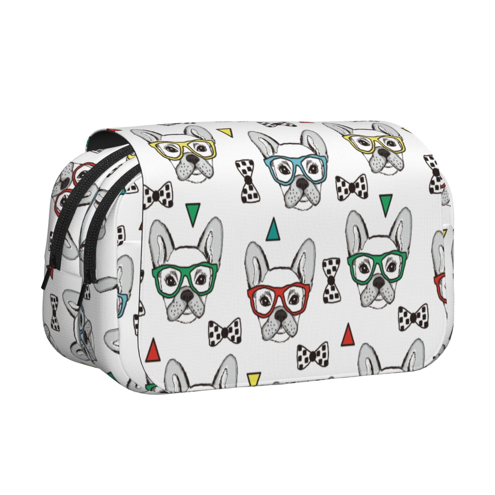 Rateoe Cute French Bulldog Pattern Double Clamshell Pen Case, Storage Organizer with Two Zipper Compartments– Holds Up to 50 Pencils & Pens