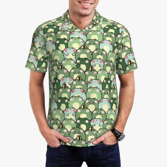 Rateoe Cute Frog Pattern Men's Short Sleeve Polo Shirts, Golf Polo Shirts Short Sleeve Performance Moisture Wicking Dry-Medium