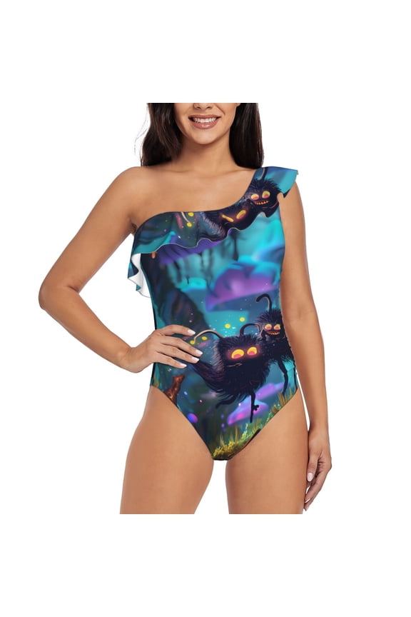 Cute Fuzzy Fantasy Creatures Pattern Women One Piece Swimsuits Tummy Control One Shoulder Bathing Suits Ruffle Swimwear-