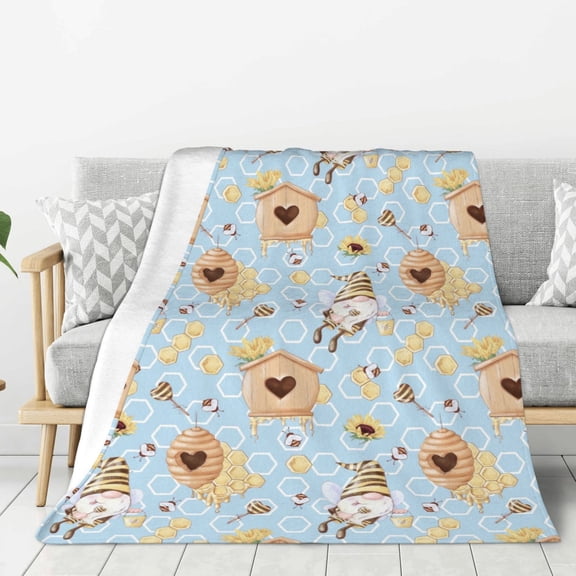 Rateoe Cute Gnome Bee Collects Honey Pattern Flannel Throw Blanket, Ultra-soft Blanket for Bed, Couch, Car, Hypoallergenic Anti-pilling blanket-60"x50"(Vertical)