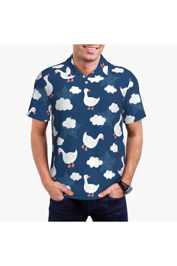 Cute Goose On Blue Sky Pattern Men's Short Sleeve Polo Shirts, Golf Polo Shirts Short Sleeve Performance Moisture Wicking Dry-3X-Large