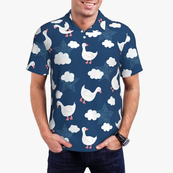 Rateoe Cute Goose On Blue Sky Pattern Men's Short Sleeve Polo Shirts, Golf Polo Shirts Short Sleeve Performance Moisture Wicking Dry-Medium