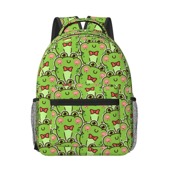 Rateoe Cute Green Frog Pattern Durable Student Backpack Laptop Bag- Ergonomic Design, Waterproof Twill Fabric - Ideal for School, Travel, and Outdoor Activities