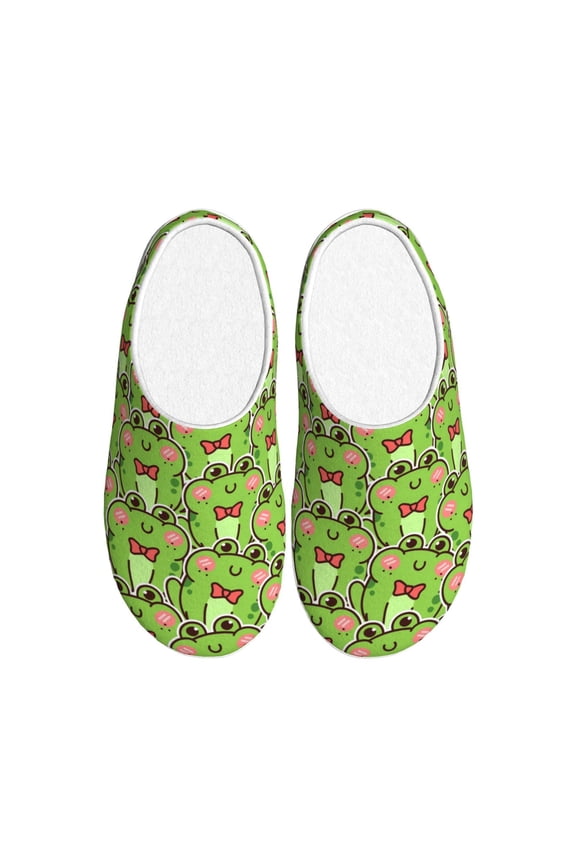 Cute Green Frog Print Women's Men's Cotton Knit Slippers Lightweight Memory Foam Indoor House Shoes with Anti-Skid Sole-44/45
