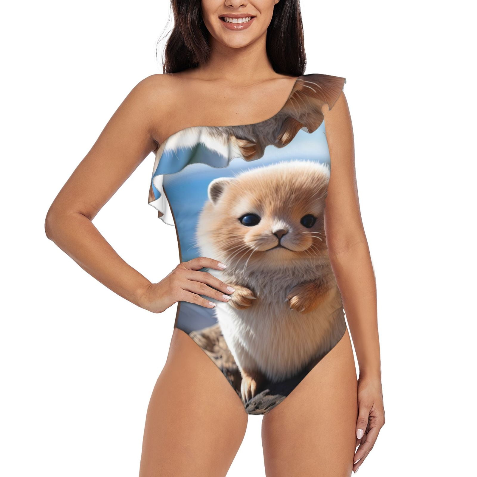 Rateoe Cute Guinea Pig Sea Pattern Women One Piece Swimsuits Tummy Control One Shoulder Bathing Suits Ruffle Swimwear-Large