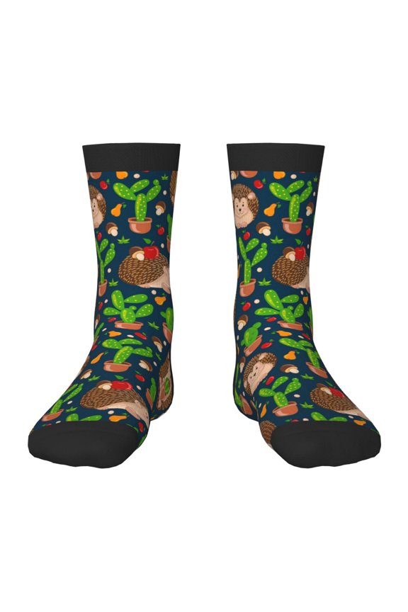 Cute Hedgehogs Cactus Blue Pattern Children's Socks, Socks Gifts ,kids Crew Soft Cotton Socks , Moisture-Wicking, Durable, Ideal for Daily Wear & Sports