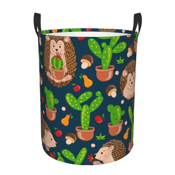 Rateoe Cute Hedgehogs Cactus Blue Pattern Round Laundry Hamper Basket, Tall Hamper Basket for Blanket Storage, Nursery Clothes Hamper for Laundry in Bedroom and College Dorm-