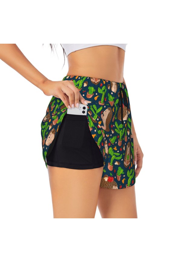 Cute Hedgehogs Cactus Blue Printed 2 in 1 Women's Workout Shorts for Athletic Gym Running Shorts with Phone Pockets-
