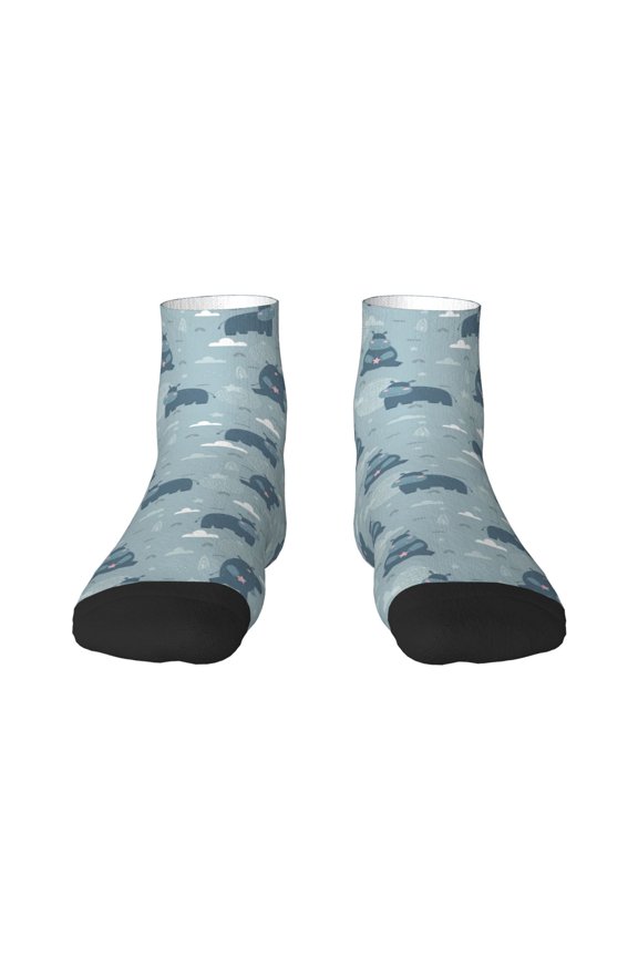 Cute Hippopotamus Pattern Quarter Crew Socks,Toe Seamed Ankle Socks,Cotton Cushioned Breathable Athletic Crew Sports Socks